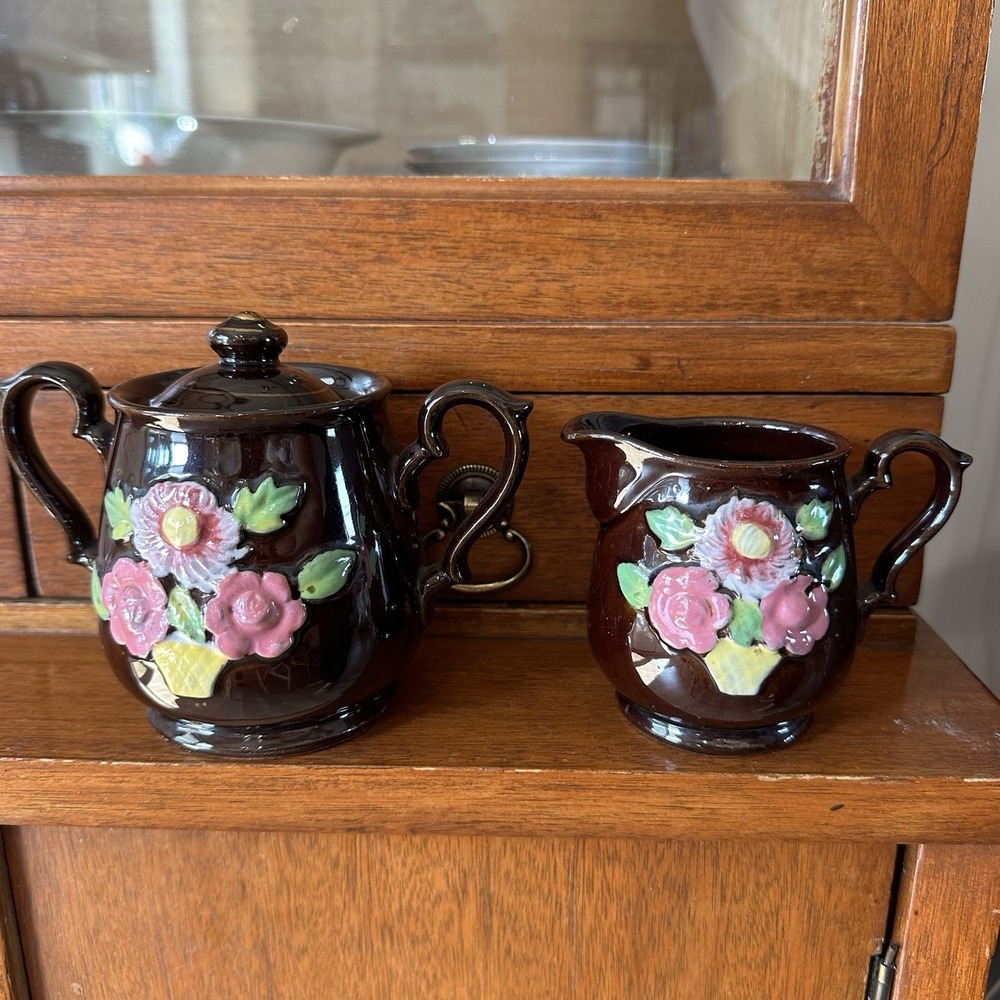 VTG 1950's Japan Floral Cream & Sugar‎ Redware Set Brown Glazed Majolica Pottery
